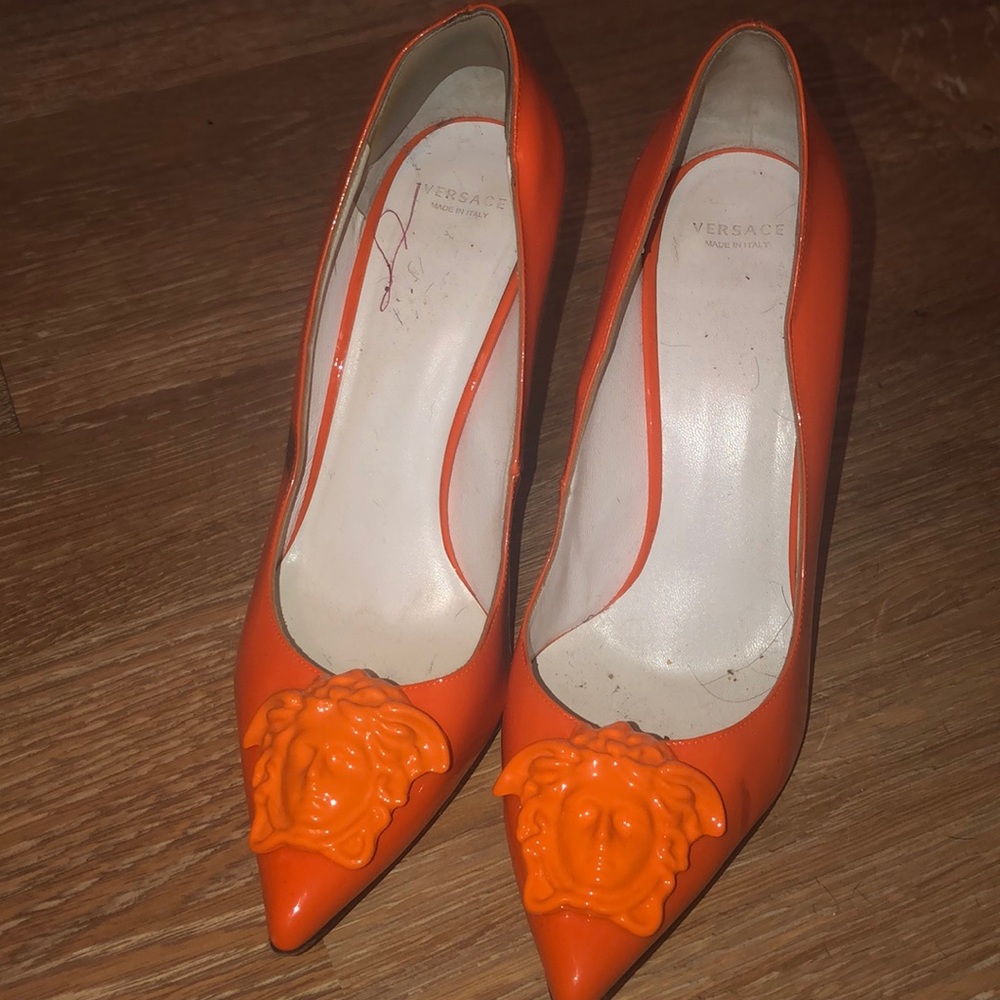Bright Orange Versace Medusa Head Heels